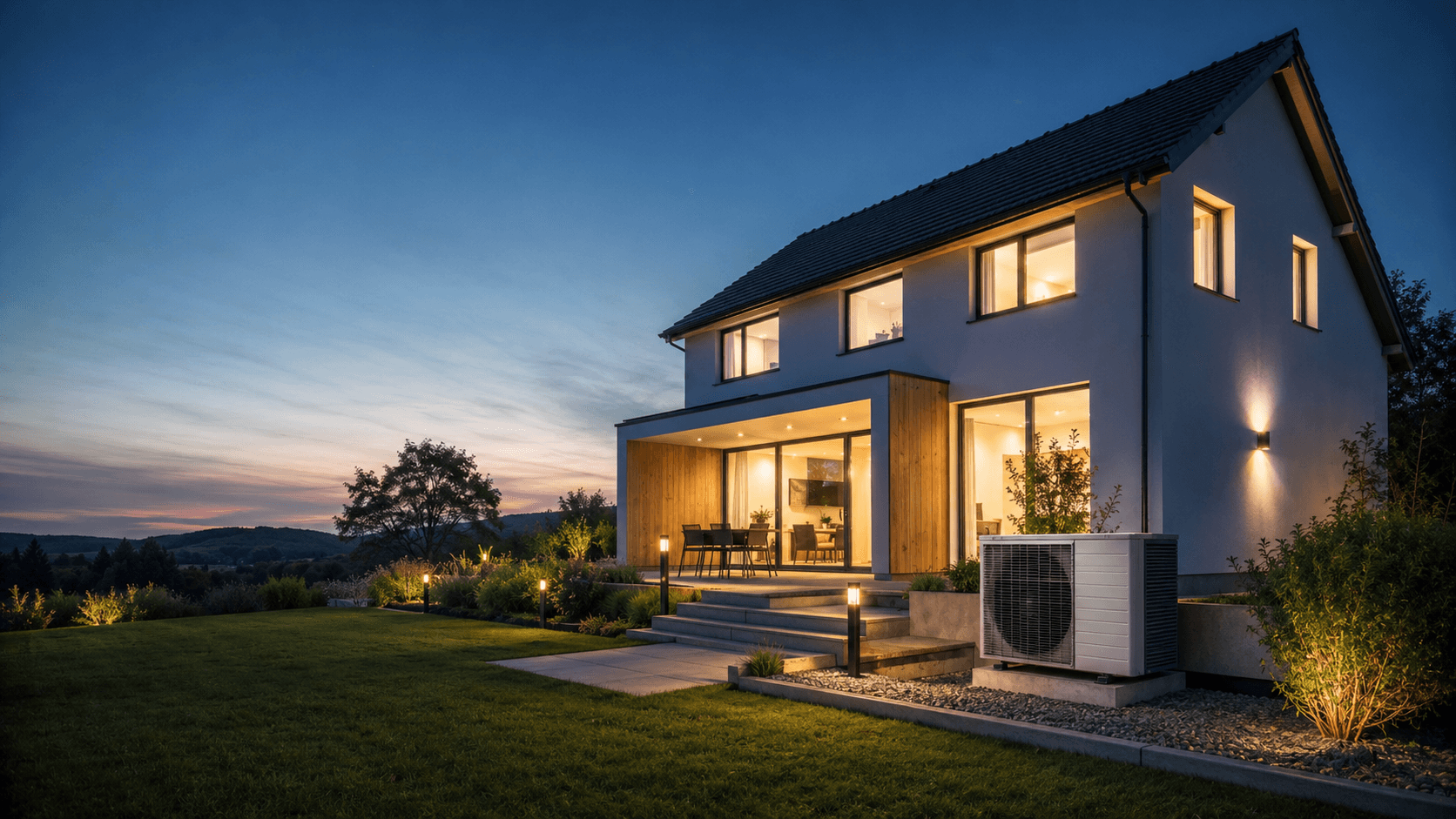 Modernes Einfamilienhaus mit Wärmepumpen-Außeneinheit in der Dämmerung