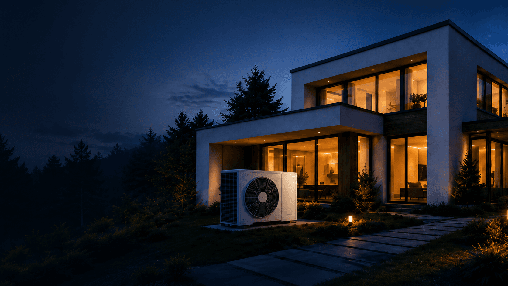 Modernes Einfamilienhaus bei Nacht mit warm beleuchteten Fenstern und einer Wärmepumpen-Außeneinheit im Garten