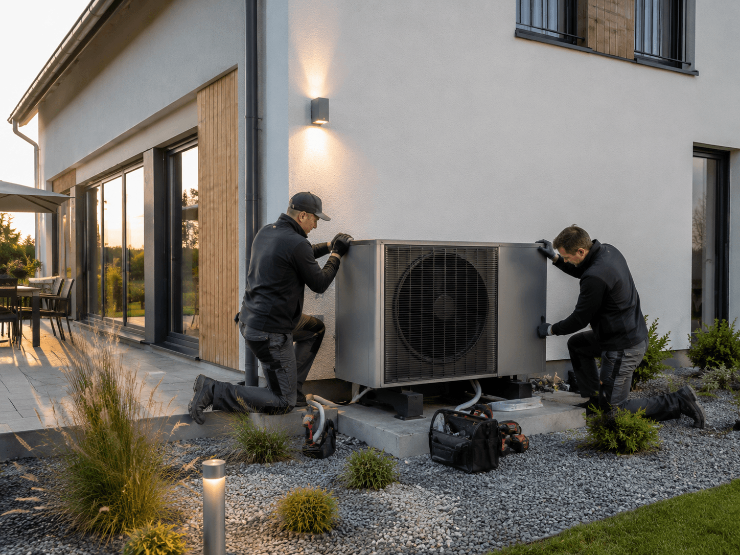 Fachleute bei der Installation einer Wärmepumpe an einem Wohngebäude